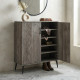 A modern, two-door wooden shoe cabinet in a wood-grain finish.