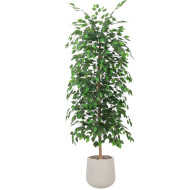 A tall artificial ficus tree with lush green leaves in a light-colored plastic pot.