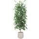 A tall artificial ficus tree with lush green leaves in a light-colored plastic pot.