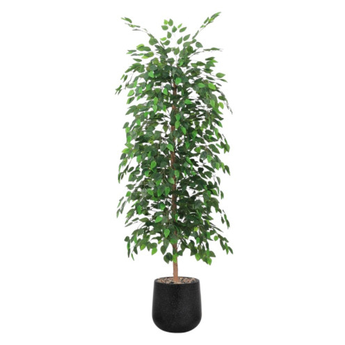 A tall artificial ficus tree with lush green leaves in a black plastic pot.