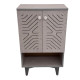 Coffee corner with 2 doors, wooden cabinet, and three shelves in a distinctive gray design.