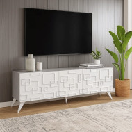 A uniquely designed, luxurious 175cm plasma TV stand with three drawers in a gray and white color scheme.