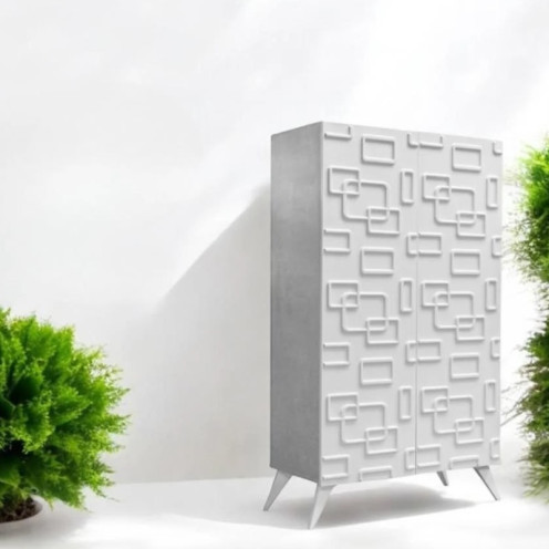 Two-door shoe cabinet with a distinctive and modern design in white.
