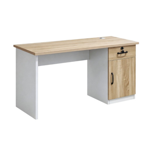 A distinctive and modern wooden desk with a beige and white cabinet, 140 cm.