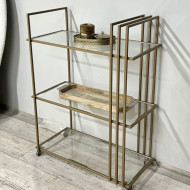 Gold-colored serving cart, 3 tiers, clear glass top