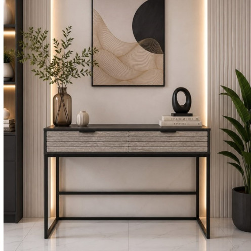 مدخل خشب مع ٢ درج بتصميم عصري انيق  وجوده عالية باللون الرمادي المقاس: 120 × 40 × 80 سم