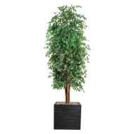 A lush artificial tree with a square black pot, featuring a sleek, modern design and high quality. Total tree height: 315 cm.