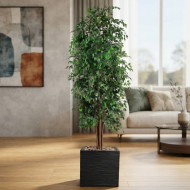 A lush artificial tree with a square black pot, featuring a sleek, modern design and high quality. Total tree height: 315 cm.