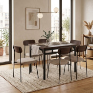 A stylish wooden dining table for 6 people, featuring a walnut brown design. 140cm