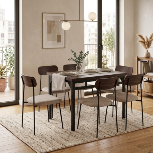 A stylish wooden dining table for 6 people, featuring a walnut brown design. 140cm