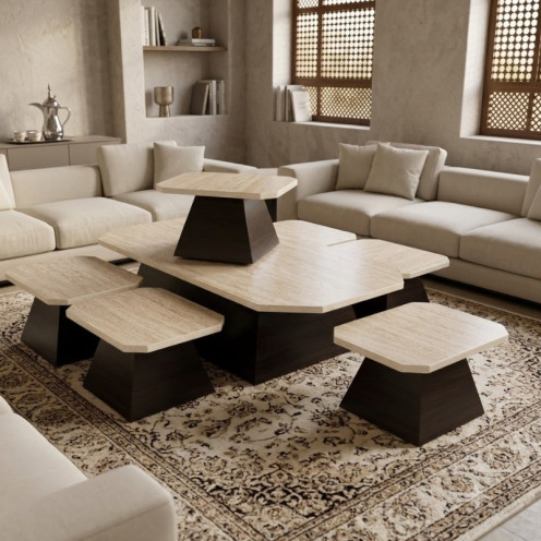 طقم طاولات قهوة ومجالس عصرية - 6 قطع بتصميم خشبي