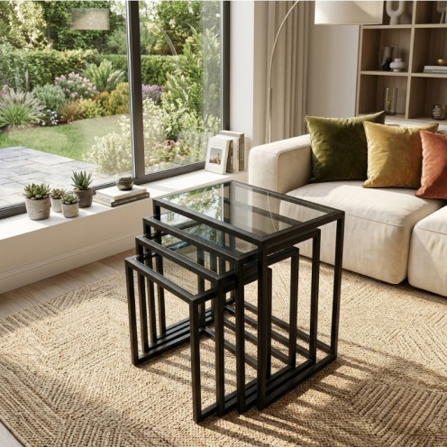 4-Piece Nesting Side Table Set with Glass Top and Metal Frame