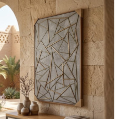 لوحة جدارية هندسية ثلاثية الأبعاد بلمسات ذهبية وفضية مع إطار خشبي 