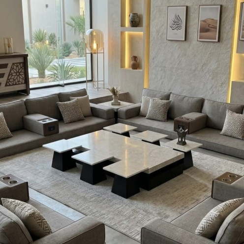طقم طاولات ارضي 6+1 بديل رخام بتصميم مميز وانيق باللون الاسود