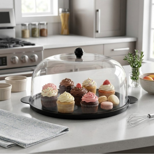 A round, black serving tray with a transparent acrylic dome lid and elegant black handles.