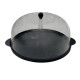 A round, black serving tray with a transparent acrylic dome lid and elegant black handles.