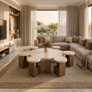 طقم طاولة ضيافة دائرية مودرن بتصميم رخامي خشبي مع 6 طاولات خدمة جانبية متناسقة 