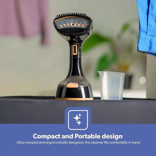 Geepas Portable Garment Steamer - GGS25034 | Ready to use in 30 seconds | Suitable for all fabrics | Equipped with a stainless steel head and a capacity of 150 ml | Black and Gold - Geepas Portable Garment Steamer - GGS25034 | Ready to use in 30 seconds | Suitable for all fabrics | Equipped with a stainless steel head and a capacity of 150 ml | Black and Gold -