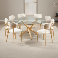 A uniquely designed and elegant round glass dining table set that seats 8 people.
