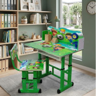 Children's study desk with a blue and green wooden chair for boys.