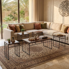 طقم طاولات خدمة وضيافة مودرن 5 قطع بلون الخشب البني الغامق (كوفي) بأرجل حديدية سوداء 