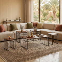طقم طاولات خدمة وضيافة مودرن 5 قطع بلون الخشب الخفيف (كوفي فاتح) بأرجل حديدية سوداء 