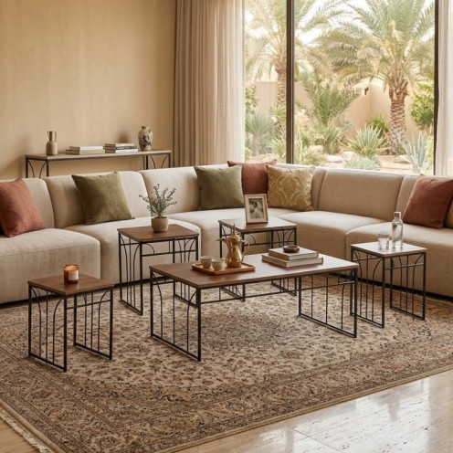 طقم طاولات خدمة وضيافة مودرن 5 قطع بلون الخشب الخفيف (كوفي فاتح) بأرجل حديدية سوداء 
