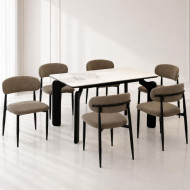 A luxurious dining table that seats 6 chairs, featuring a unique ceramic top design.