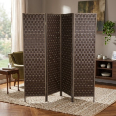بارتشن ساتر غرف خشبي متسف خيزران مضفور 4 دلفات بتصميم مودرن بني غامق