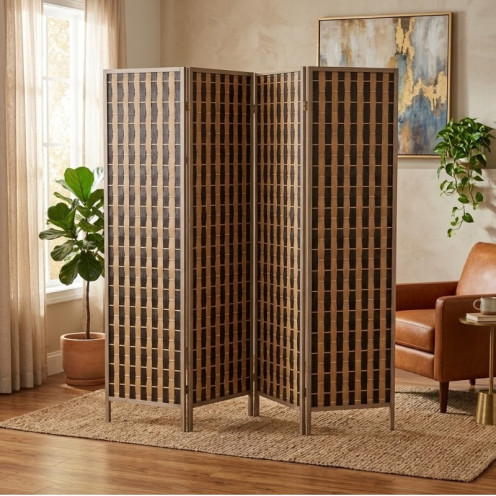 بارتشن وساترغرف خشيي متسف خيزران مضفور 4 دلفات بتصميم مودرن بلونين خشيي وبيج
