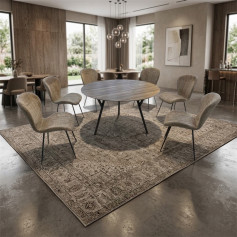 طقم طاولة طعام دائرية خشبية مع 6 كراسي قماش مودرن بأرجل معدنية - لون بني 