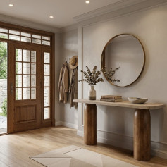 طاولة كنسول مدخل مودرن من الخشب الطبيعي وسطح بيج أنيق - تصميم عصري بأرجل أسطوانية مميزة لتزيين المداخل والممرات
