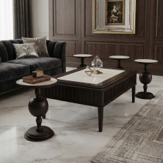 طقم طاولات ضيافة فاخر 1 + 4 (خشب مع بديل رخام) مميزة باللون البني