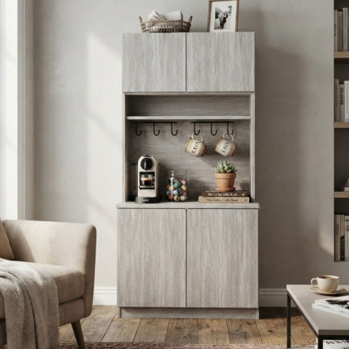 دولاب كافيه ومحطة قهوة مودرن بتصميم عصري وأبواب سفلية وعلوية مع رفوف وعلاقات تعليق متعددة الاستخدامات