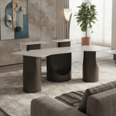 طقم طاولات شاي فاخر (1 طاولة كبيرة + 4 طاولات خدمة صغيرة) بتصميم عصري وأرجل دائرية خشبية