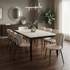 طاولة طعام مودرن مع 8 كراسي مقاس 180×80 سم – سطح رخامي أبيض وقاعدة معدنية سوداء