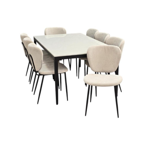 طاولة طعام مودرن مع 8 كراسي مقاس 180×80 سم – سطح رخامي أبيض وقاعدة معدنية سوداء