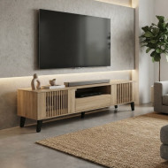 A modern TV stand with a stylish wooden design, striped shelves, and supportive black legs.