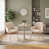 A modern relaxation set consisting of a round table and two elegant chairs.