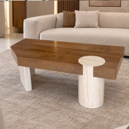طاولة قهوة خشبية مفرد مودرن بتصميم هندسي باللون البيج مع الخشبي