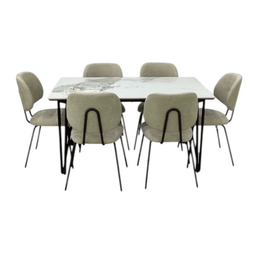 A luxurious beige dining table for six, featuring a stunning, high-gloss ceramic surface built to withstand daily use with ease.