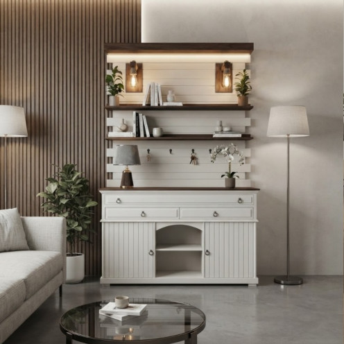 Complete wooden coffee corner with storage unit and stylish decorative lighting - Brown and white cup holders and shelves