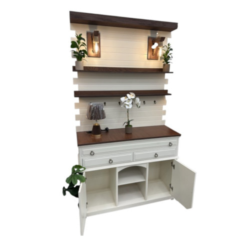 Complete wooden coffee corner with storage unit and stylish decorative lighting - Brown and white cup holders and shelves