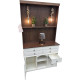 A distinctive, complete coffee corner with storage and stylish decorative lighting - shelves with cup holders in brown and white.