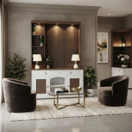 A distinctive and luxurious complete coffee corner with storage unit and elegant decorative lighting - shelves with cup holders in brown and white.