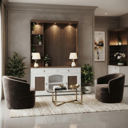 A distinctive and luxurious complete coffee corner with storage unit and elegant decorative lighting - shelves with cup holders in brown and white.