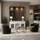 A distinctive and luxurious complete coffee corner with storage unit and elegant decorative lighting - shelves with cup holders in brown and white.