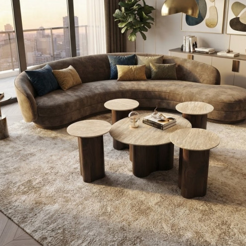 طقم طاولات خدمة دائرية بتصميم عصري (قطعة رئيسية + 4 طاولات خدمة) بعدة الوان 
