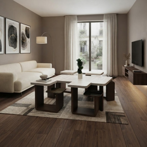 طقم طاولة خدمة ومعيشة عصرية بتصميم متداخل وسطح خشبي أنيق (طاولة رئيسية + 4 طاولات خدمة)
