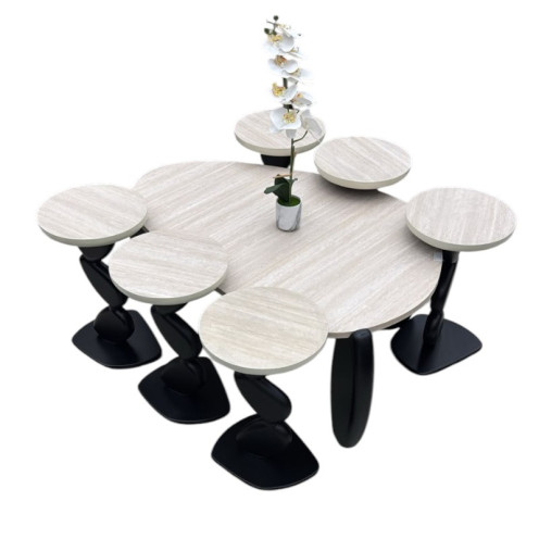 طقم طاولة قهوة بيضاوية عصرية مع طاولات خدمة دائرية متداخلة (طاولة رئيسية + 6 طاولات خدمة) قواعد باللون الاسود 